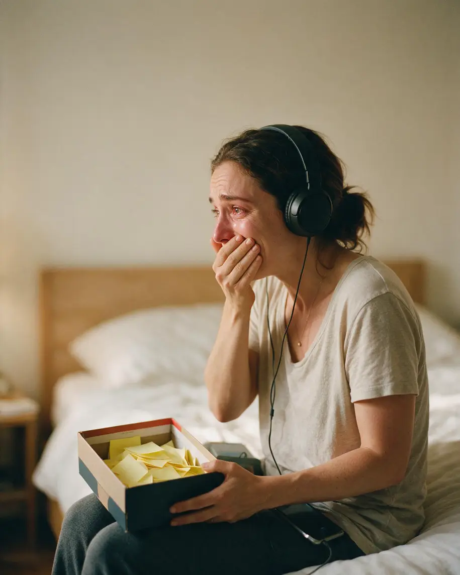 A woman sitting on a bed with headphones on, one hand over her mouth, holding a shoebox full of yellow sticky notes.